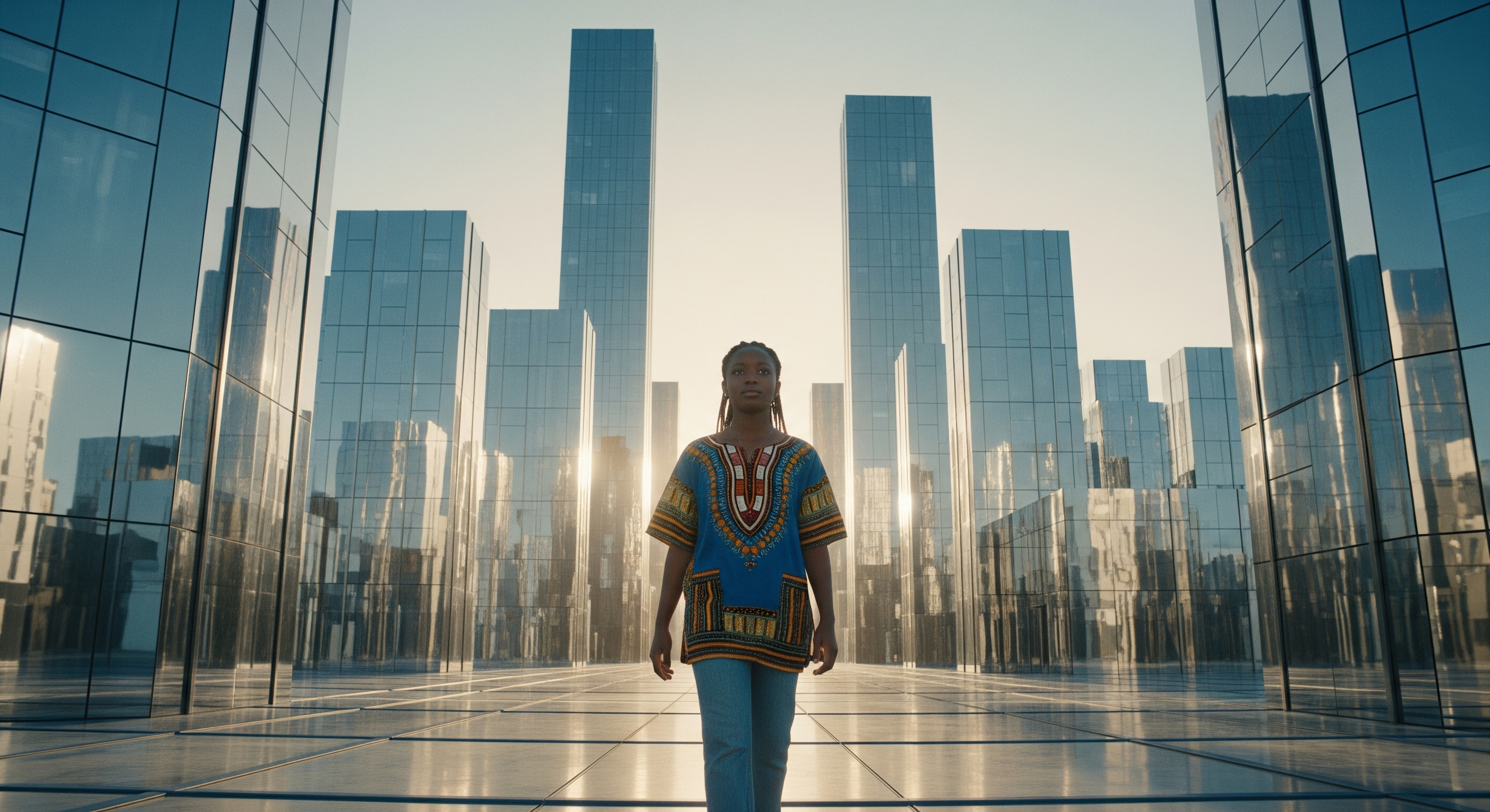 Young African person in traditional dashiki standing in modern glass corridor with urban skyline